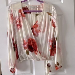 Guess satin long sleeve cream and rose print top with tie hem